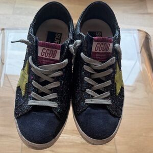 Golden Goose Navy Glitter Sneakers with Yellow Star and pink tag Superstar 38